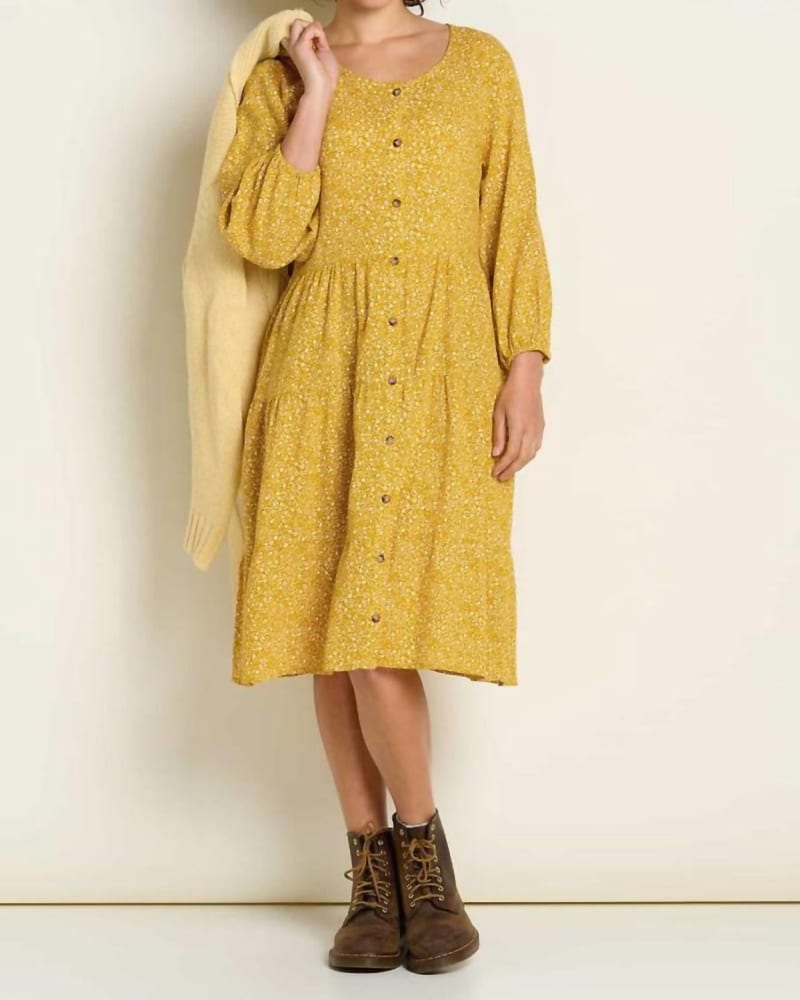 Front of a model wearing a size Large Manzana Tiered Long Sleeve Dress In Pike Ditsy Print in Pike Ditsy Print by TOAD&CO. | dia_product_style_image_id:346742